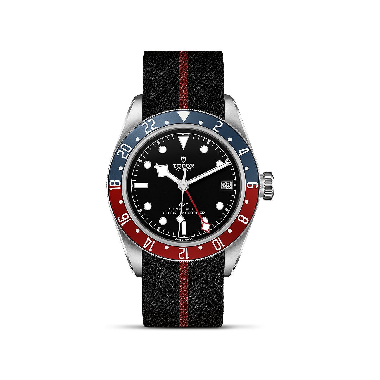 Tudor Herrenuhr mit Edelstahlgehäuse, schwarzem Zifferblatt und rot-blauer Lünette.