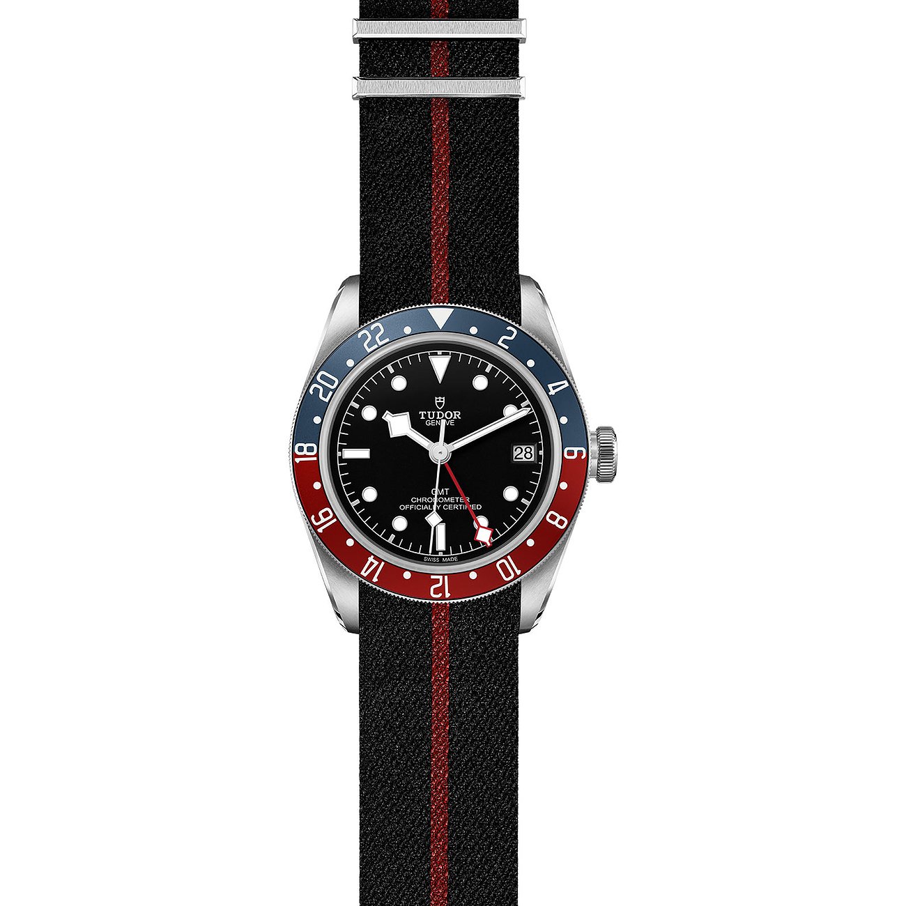 Tudor Herrenuhr mit Edelstahlgehäuse, schwarzem Zifferblatt und rot-blauer Lünette.