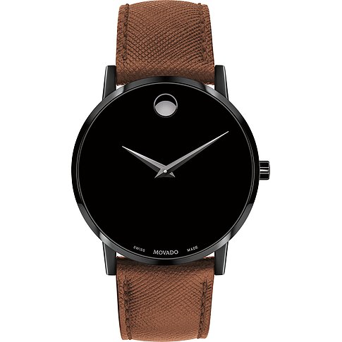 MOVADO Herrenuhr mit schwarzem Edelstahlgehäuse, schwarzem Zifferblatt und braunem Lederarmband.
