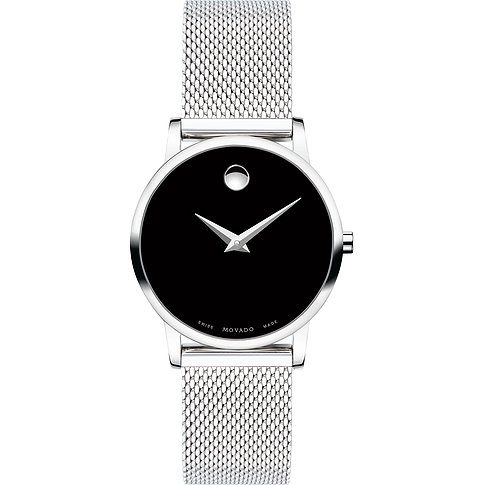 Movado Damenuhr mit Edelstahlgehäuse, schwarzem Zifferblatt und Mesh-Armband.