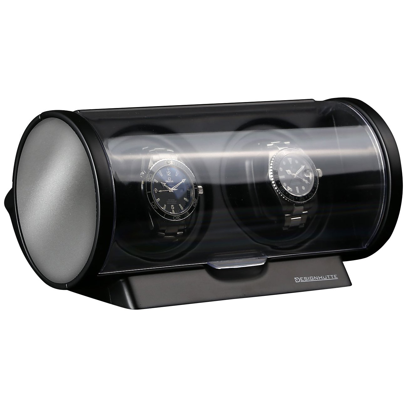 Designhütte Uhrenbeweger aus Kunststoff mit zwei silberfarbenen Gehäusen.