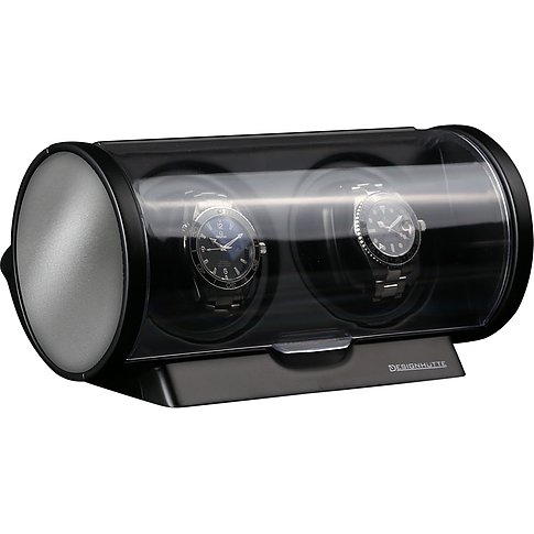 Designhütte Uhrenbeweger aus Kunststoff mit zwei silberfarbenen Gehäusen.