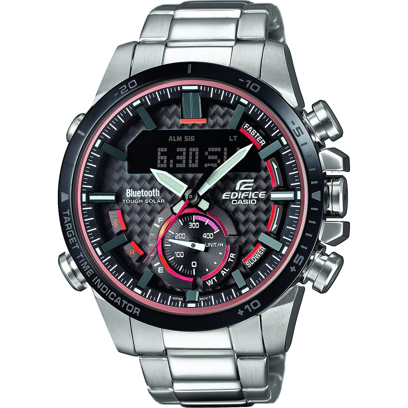 Casio Herrenuhr aus Edelstahl mit dunklem Zifferblatt, roten Akzenten und digitaler Anzeige.