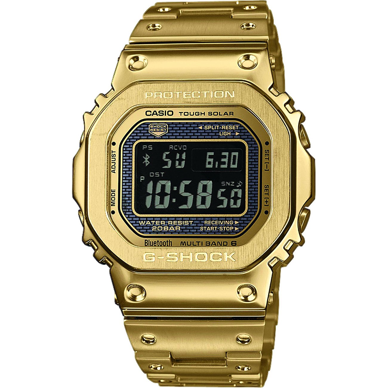 Eine Casio G-Shock Herrenuhr aus goldfarbenem Edelstahl mit digitaler Anzeige, von oben fotografiert.