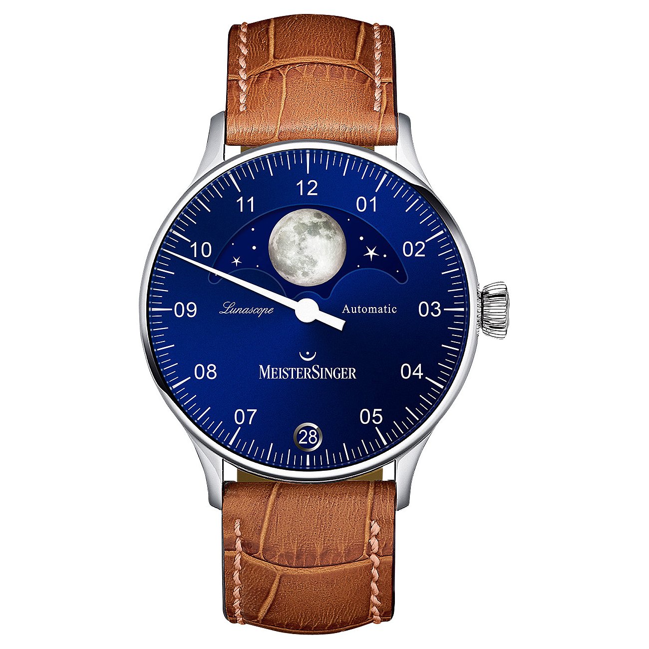 MeisterSinger Unisexuhr aus Edelstahl mit braunem Lederband und blauem Zifferblatt mit Mondphasenanzeige.