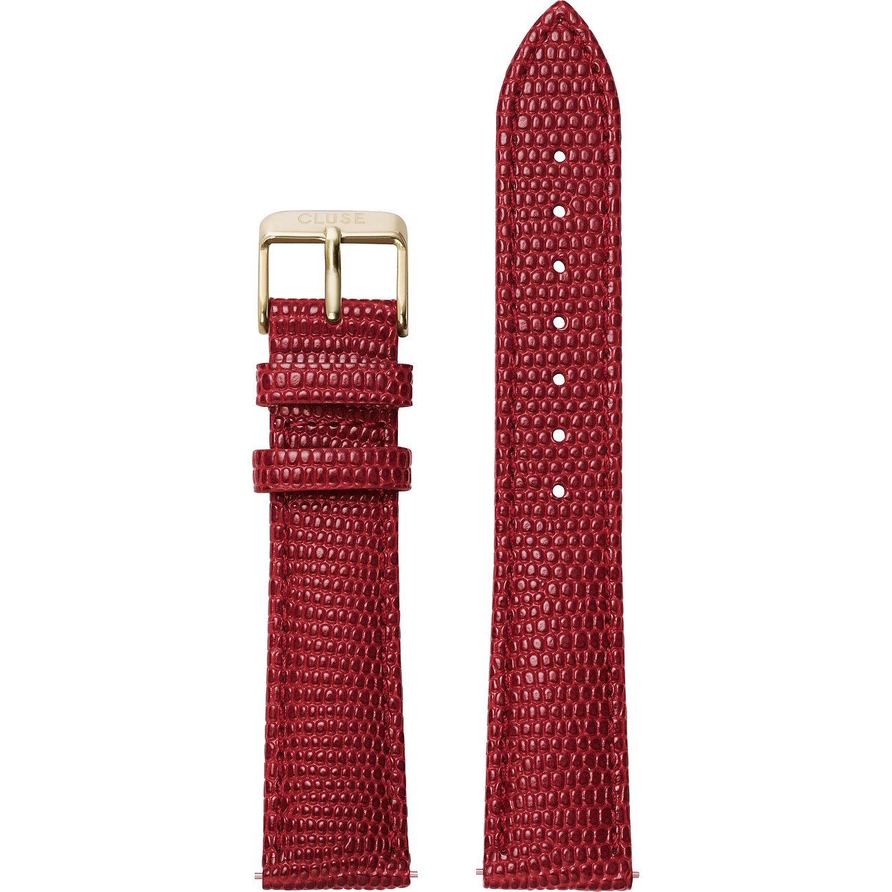 Ein zweiteiliges Cluse Uhrenarmband aus rotem Leder mit Reptilmuster und goldener Schnalle.