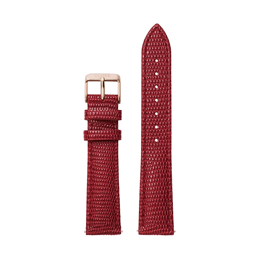 Cluse Uhrenband aus rotem Leder mit reptilartiger Prägung und einer roségoldfarbenen Schnalle.