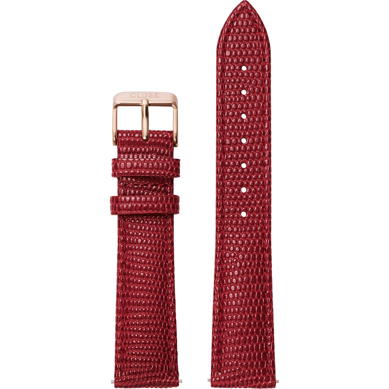 Cluse Uhrenband aus rotem Leder mit reptilartiger Prägung und einer roségoldfarbenen Schnalle.