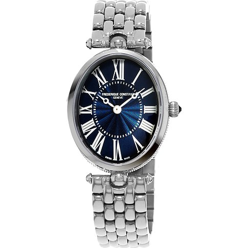 Frederique Constant Damenuhr aus Edelstahl mit ovalem Gehäuse und blauem Zifferblatt