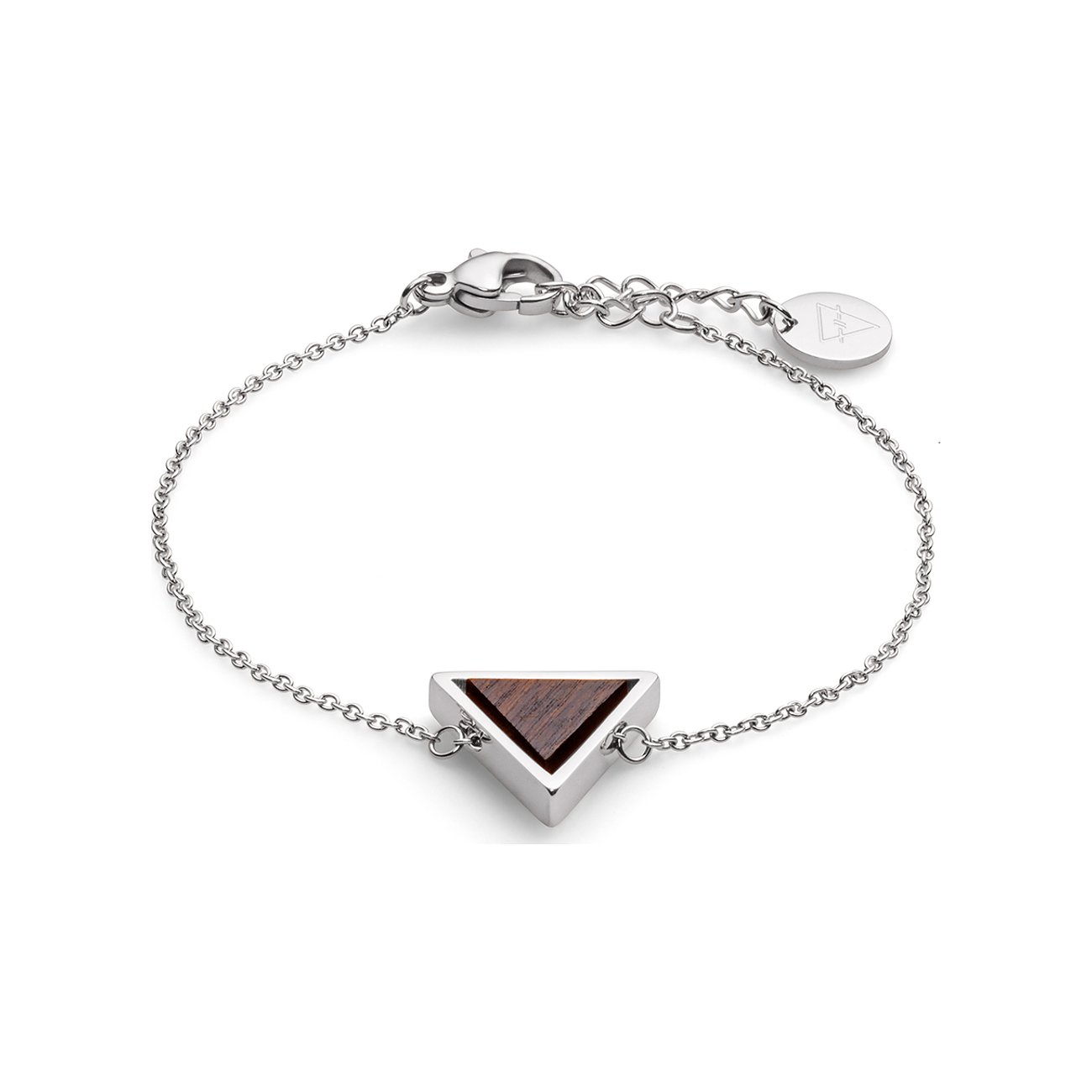 Kerbholz Armband aus mattem Edelstahl mit glänzendem, dreieckigem Holzelement in der Mitte.