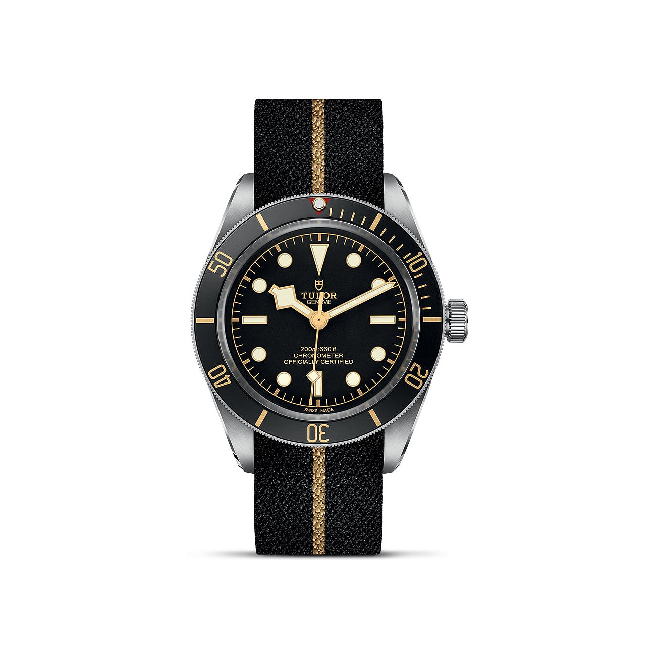 Tudor Herrenuhr mit Edelstahlgehäuse, schwarzem Zifferblatt und goldfarbenen Akzenten.