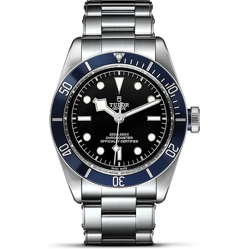 Tudor Herrenuhr aus Edelstahl mit schwarzem Zifferblatt und blauer Lünette, von oben betrachtet.