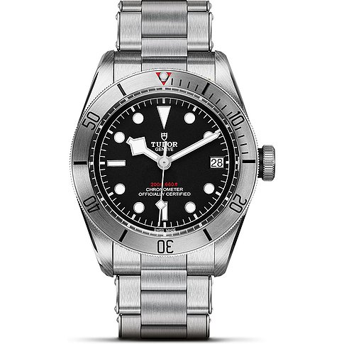 Tudor Herrenuhr mit Edelstahlgehäuse, schwarzes Zifferblatt und analoger Anzeige.