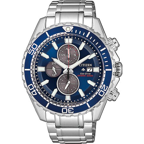 Citizen Herrenuhr, silberner Edelstahl, blaues Zifferblatt und Lünette, drei Chronographen-Zifferblätter, Fenster.