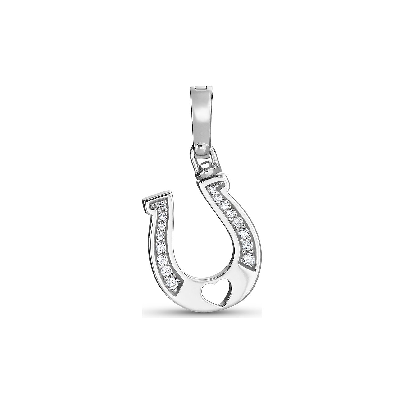 JETTE Hufeisen-Anhänger aus rhodiniertem 925er Silber mit Zirkonia-Verzierung und kleinem Herz-Ausschnitt.