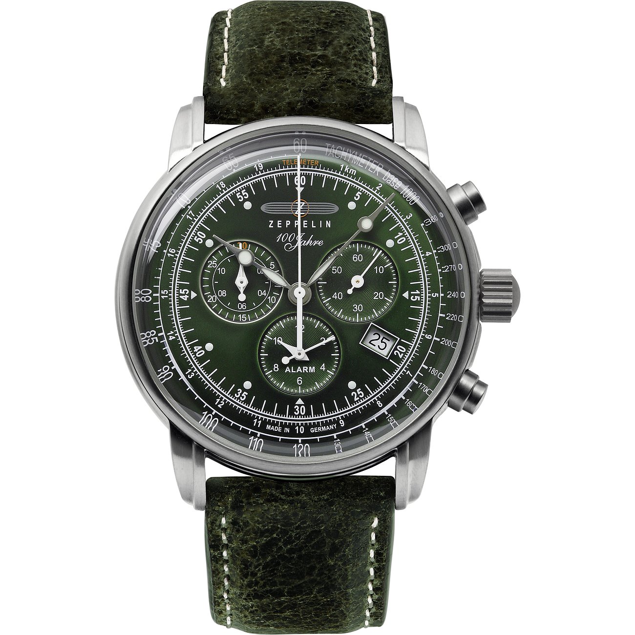 Zeppelin Herrenuhr mit Edelstahlgehäuse und grünem Zifferblatt.