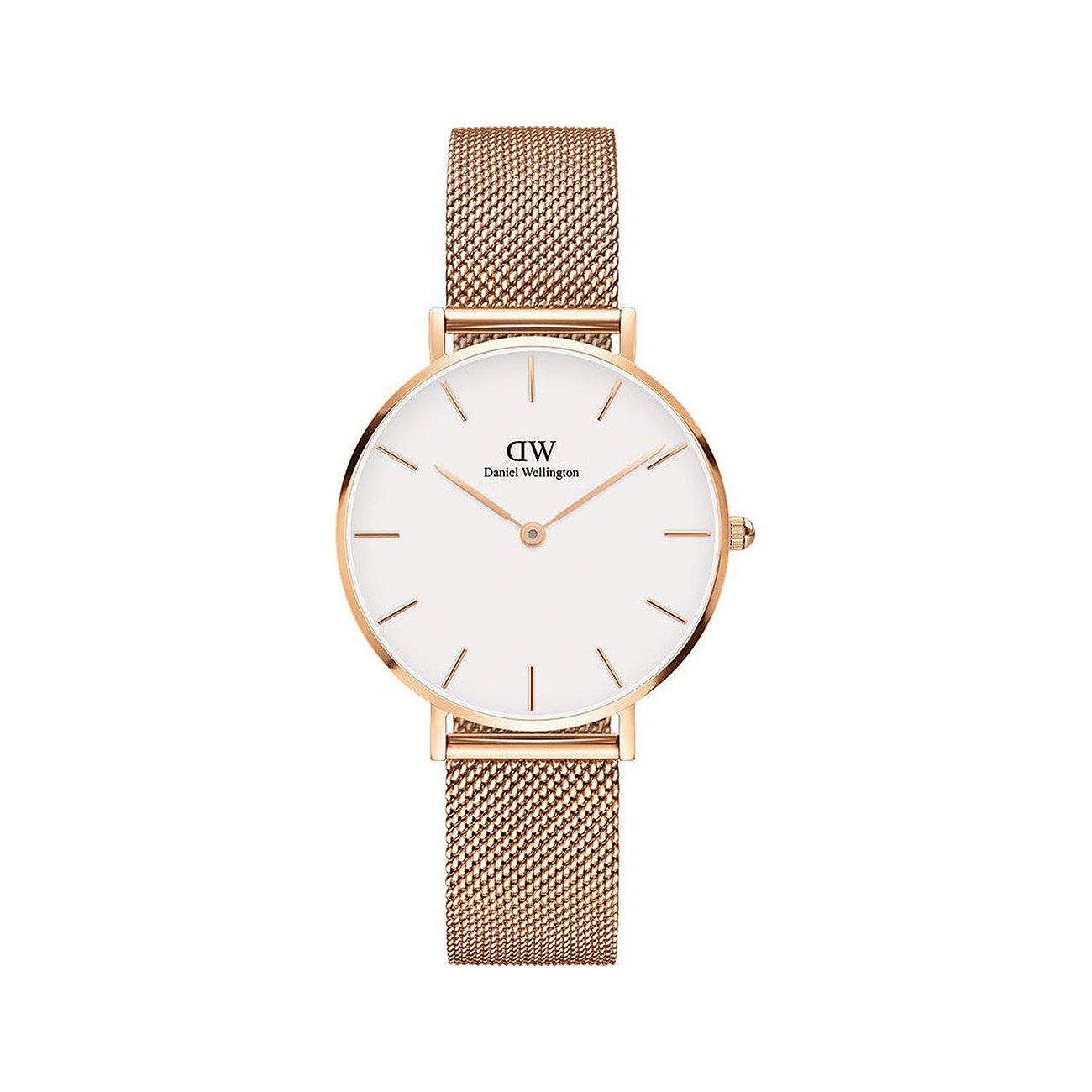 Eine Daniel Wellington Armbanduhr aus roségoldfarbenem Edelstahl mit weißem Zifferblatt und feinem Metallgeflechtarmband.