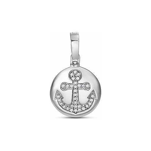 JETTE runder Anhänger aus rhodiniertem Silber, mit einem Anker-Motiv besetzt mit Zirkonia-Farbsteinen.