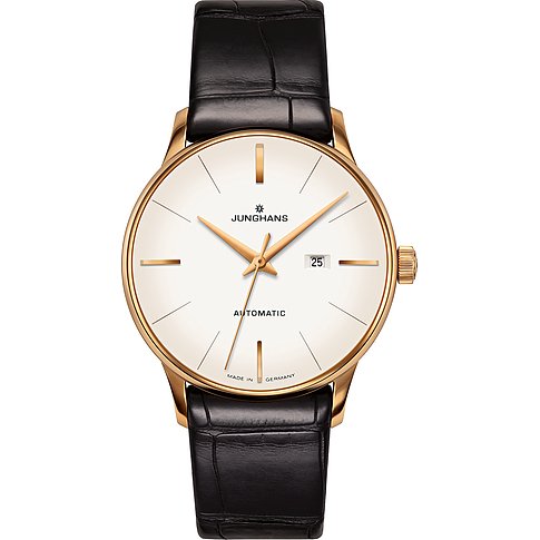 Junghans Damenuhr aus goldfarbenem Edelstahl mit weißem Zifferblatt und schwarzem Lederarmband.