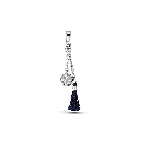 JETTE Charmanhänger aus rhodiniertem 925er Silber mit Zirkonia-besetzter Kugel und marineblauer Quaste.