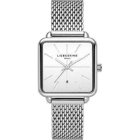 Liebeskind dameshorloge met roestvrijstalen kast, zilverkleurige mesh-band en witte wijzerplaat.