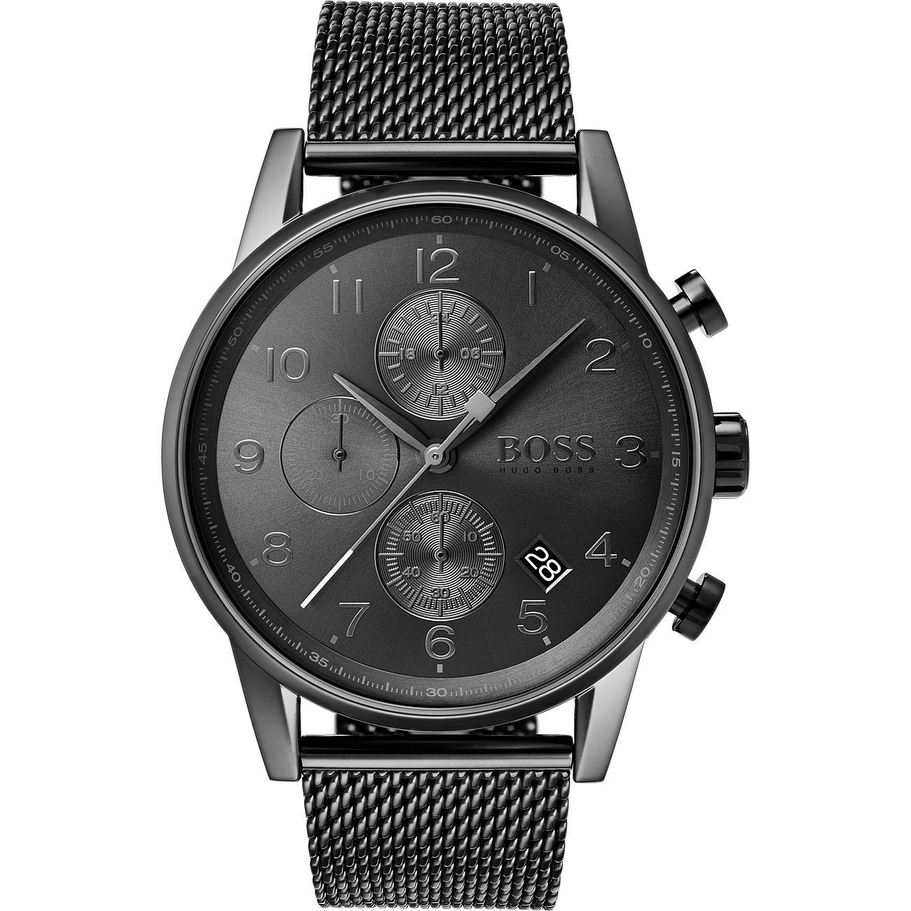 Ansicht einer Boss Herrenuhr aus dunkelgrauem Edelstahl mit Chronographenzifferblatt und Mesh-Armband auf weißem Grund.