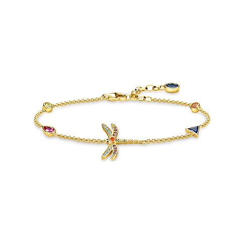 Thomas Sabo Armband aus vergoldetem Silber mit Karabinerverschluss, besetzt mit einer Libelle und sieben bunten Glassteinen.