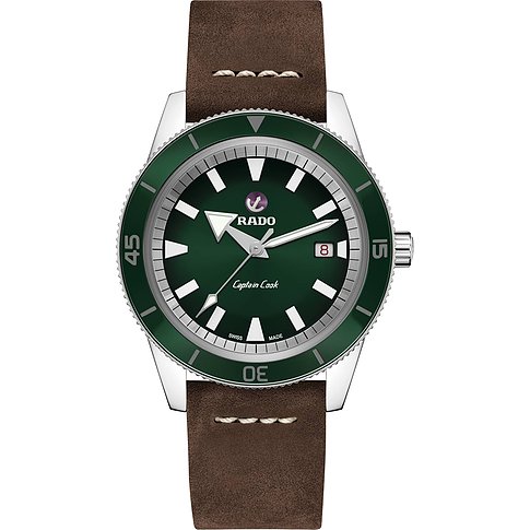 Rado Captain Cook Herrenuhr aus Edelstahl und Keramik mit grünem Zifferblatt und braunem Lederarmband.