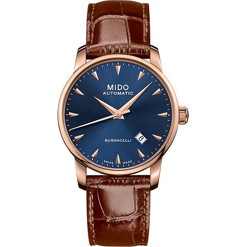 Mido Herrenuhr mit roségoldfarbenem Gehäuse, blauem Zifferblatt und braunem Lederarmband.