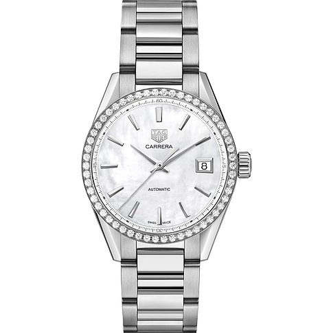 TAG Heuer Damenuhr aus Edelstahl mit leuchtendem Perlmuttzifferblatt, Datumsanzeige und glitzernden Schmucksteinen.