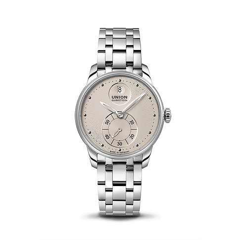 Union Glashütte Damenuhr mit Edelstahlgehäuse, silberfarbenes Zifferblatt, analog.