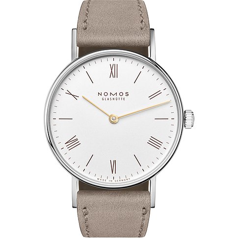 Nomos Glashütte Damenarmbanduhr aus Edelstahl mit weißem Zifferblatt und römischen Ziffern.