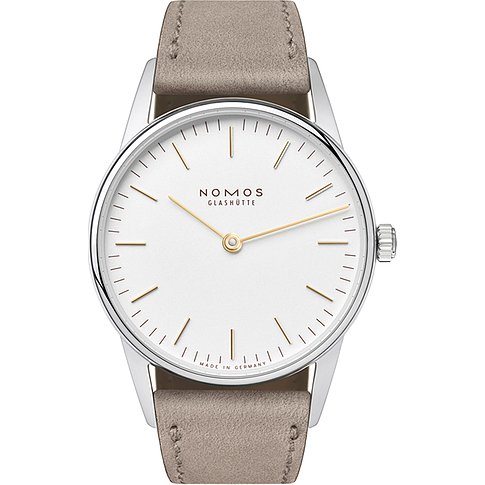 Nomos Glashütte Damenuhr mit Edelstahlgehäuse, weißem Zifferblatt und goldfarbenen Zeigern.