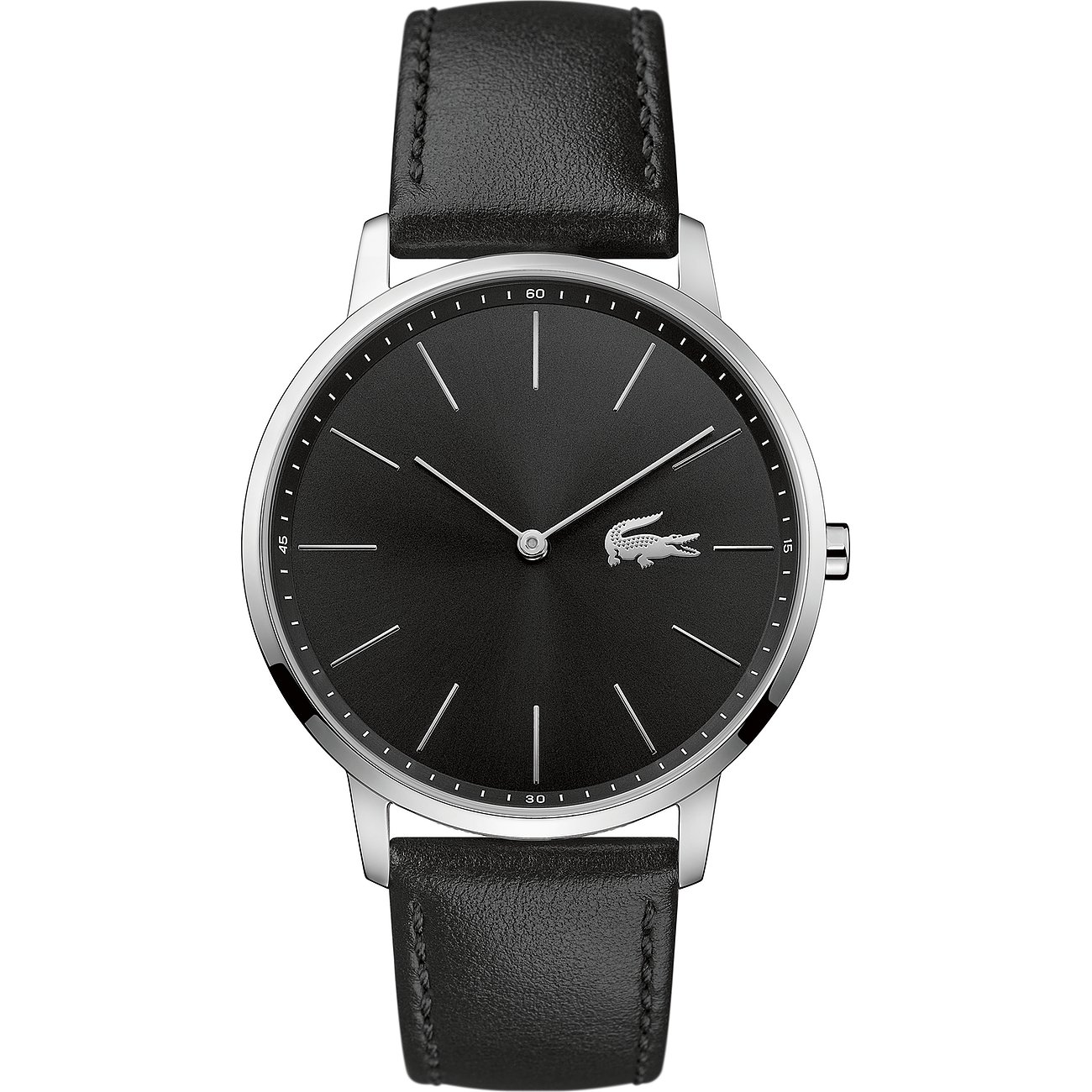 Lacoste Herrenuhr aus Edelstahl mit schwarzem Zifferblatt und schwarzem Lederarmband, weißem Lacoste Logo.