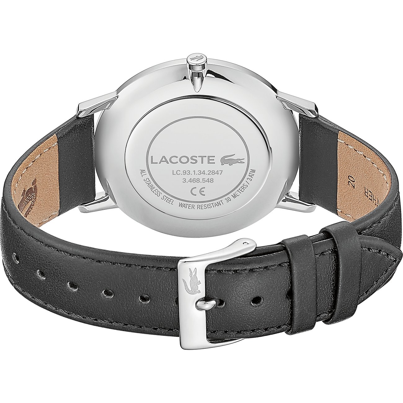 Rückansicht einer Lacoste Herrenuhr aus Edelstahl mit schwarzem Lederarmband und Logogravur auf der silbernen Schließe.