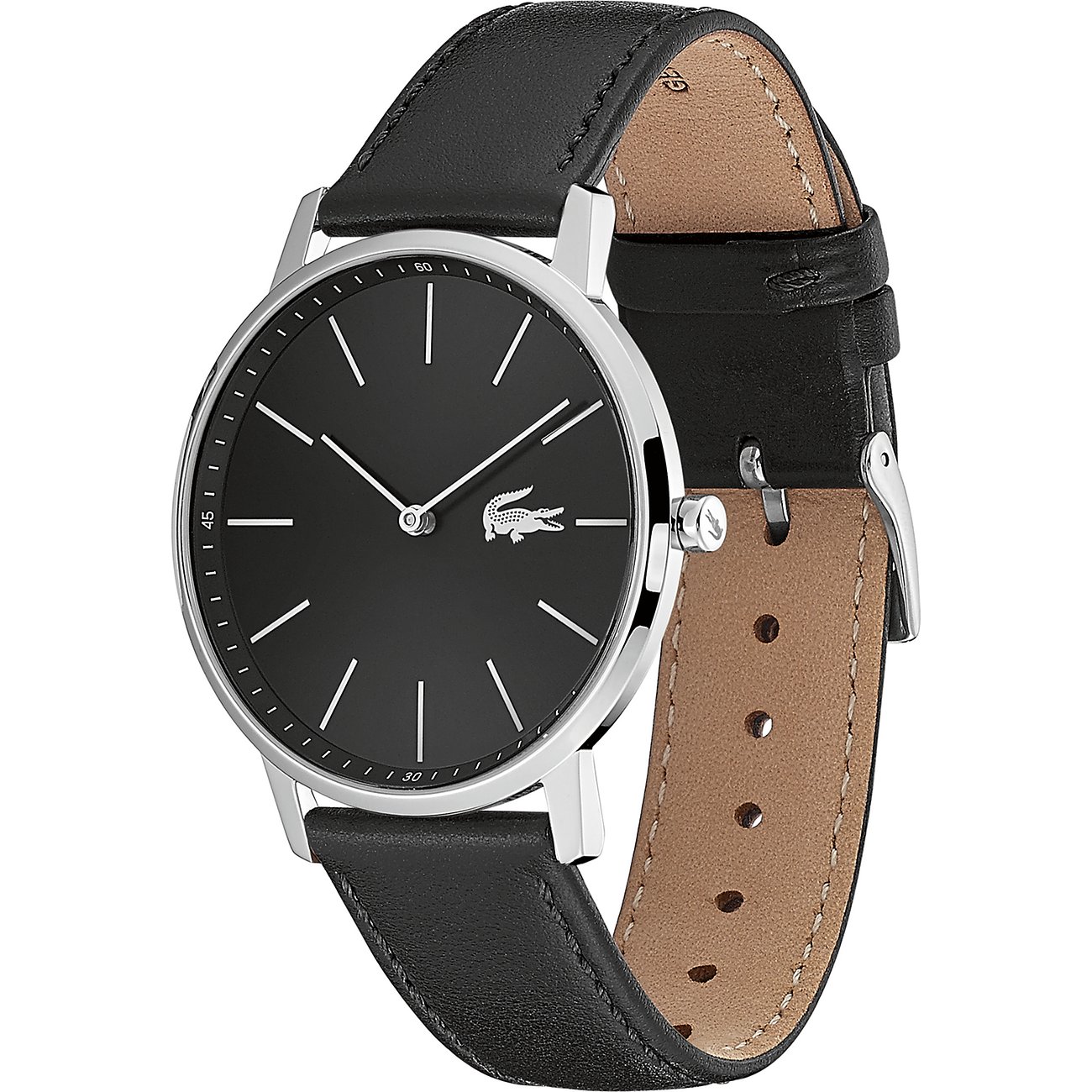 Lacoste Herrenuhr aus Edelstahl mit schwarzem Lederarmband und schwarzem Zifferblatt, Blick von vorne