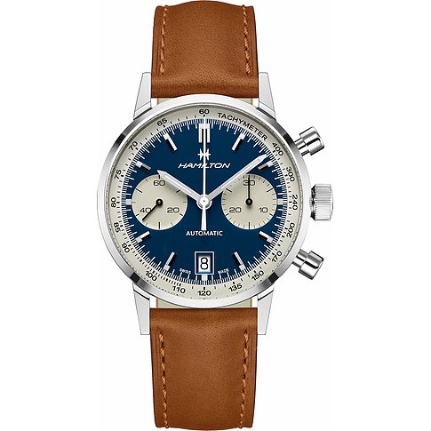 Hamilton Herrenuhr aus Edelstahl mit braunem Lederarmband und blauem Zifferblatt mit kleiner Datumsanzeige.