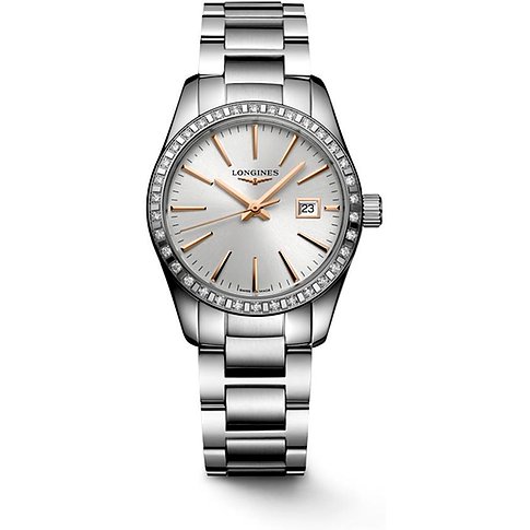 Longines Damenuhr aus Edelstahl mit Diamanten und silbernem Zifferblatt.