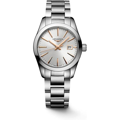 Longines Damenuhr mit Edelstahlgehäuse und silbernem Zifferblatt.