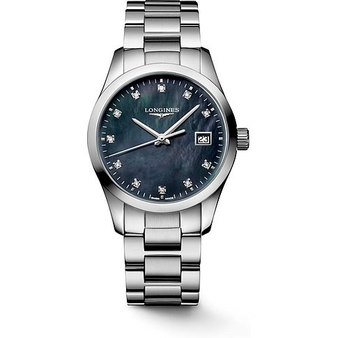 Longines Damenuhr aus Edelstahl mit Diamanten und Datumsanzeige.