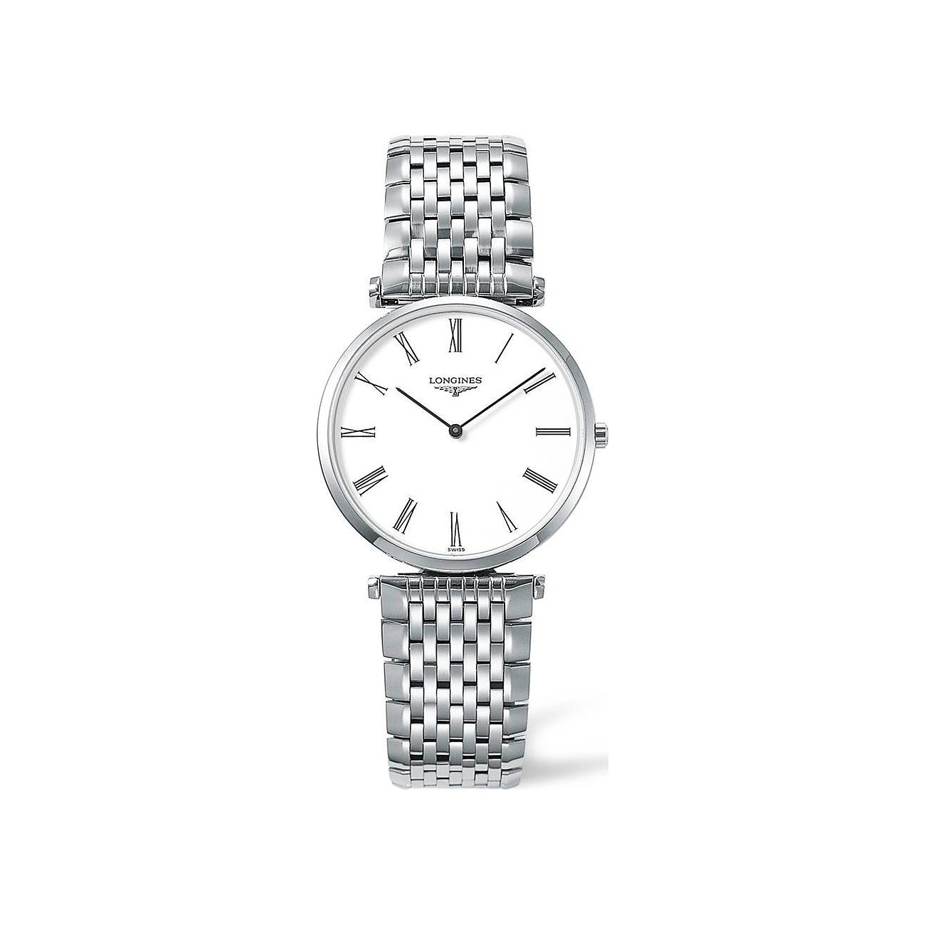 Longines Damenuhr aus Edelstahl mit rundem Gehäuse, weißem Zifferblatt und römischen Ziffern.
