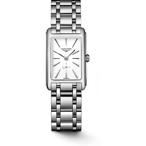 Longines Damenuhr mit Edelstahlgehäuse, silberfarben, analog mit Hilfszifferblatt.