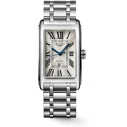 Longines Herrenuhr mit Edelstahlgehäuse, silberfarbenes Zifferblatt, römische Ziffern.