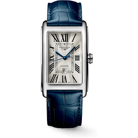 Longines Herrenuhr mit Edelstahlgehäuse, silberfarbenes Zifferblatt, römische Ziffern und blauem Lederarmband.