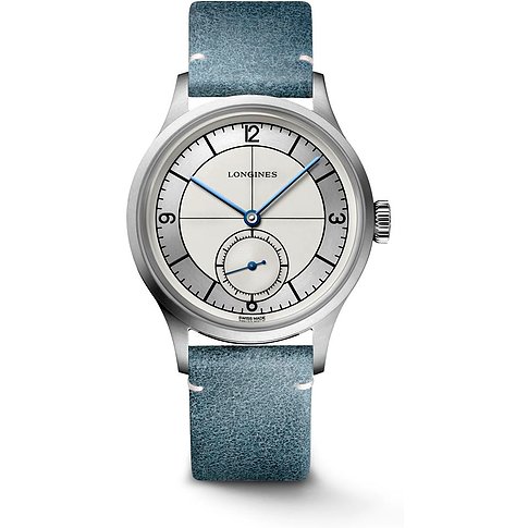 Longines Herrenuhr aus Edelstahl mit weißem Zifferblatt und blauen Zeigern sowie einem blauen Armband.