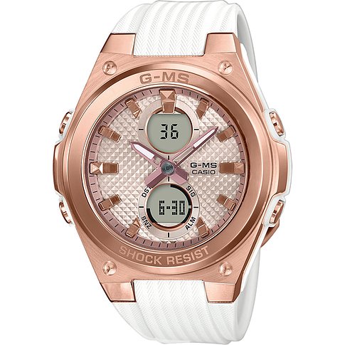 Casio Damenuhr aus Edelstahl: Roségoldfarbene digitale Uhr mit weißem Silikonarmband aus der G-MS Kollektion.