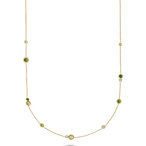 CHRIST Halsschmuck aus Gelbgold 375 mit runden Peridot-Farbsteinen und klaren Schmucksteinen.