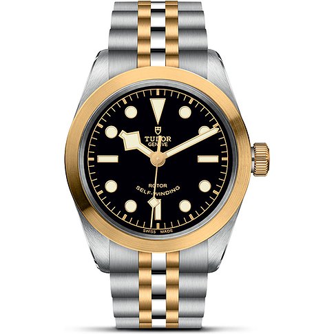 Tudor Herrenuhr mit Edelstahlgehäuse, goldfarbener Lünette und bicolor Armband.