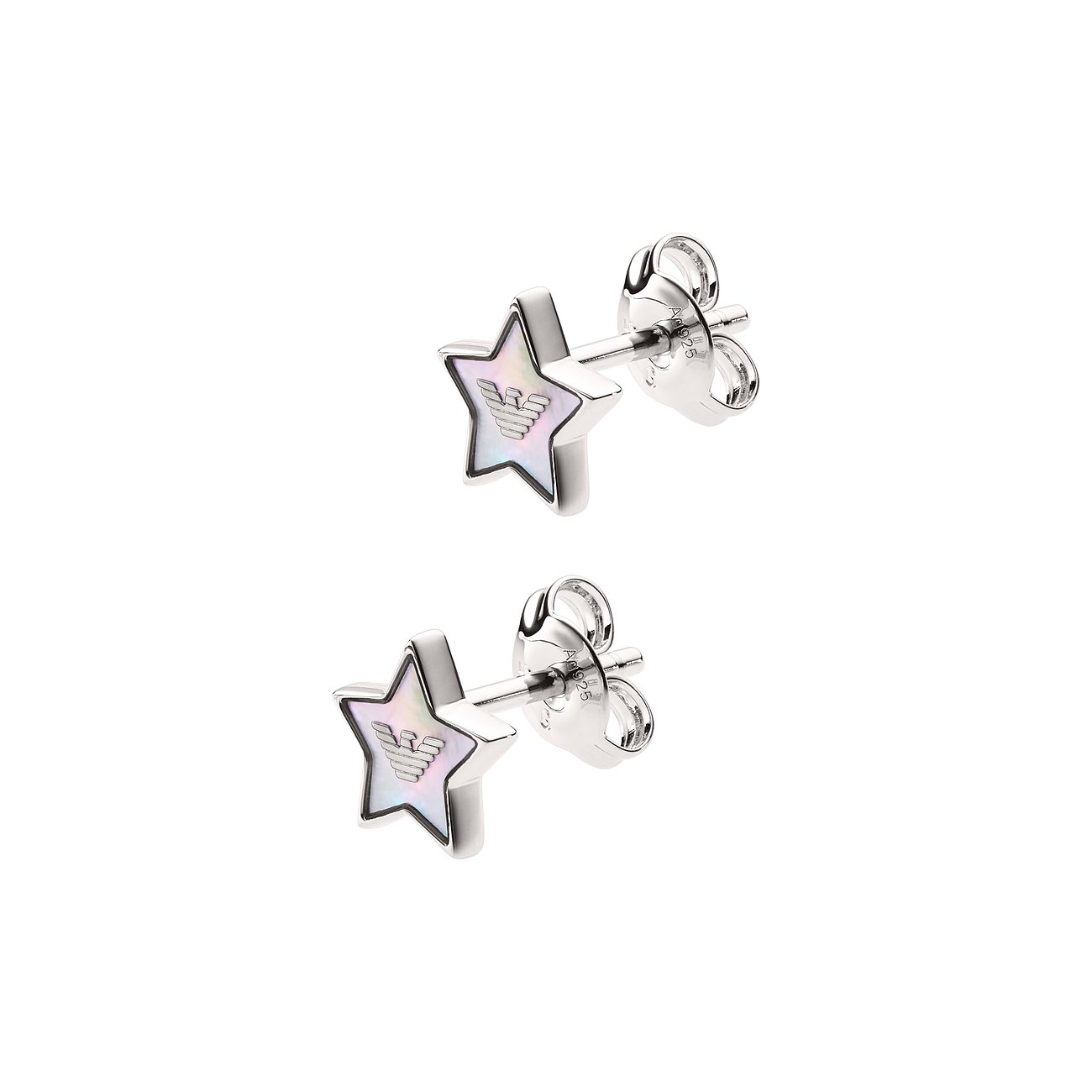 Zwei Emporio Armani Ohrstecker aus Silber in Sternform mit Perlmutt-Einlage und dem Adler-Logo.