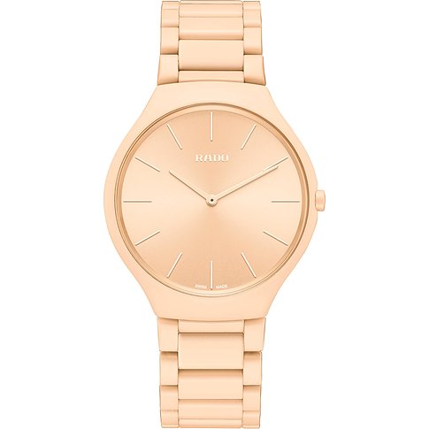 Rado Unisexuhr aus roségoldfarbener Keramik mit passendem Zifferblatt und Armband, von oben betrachtet.